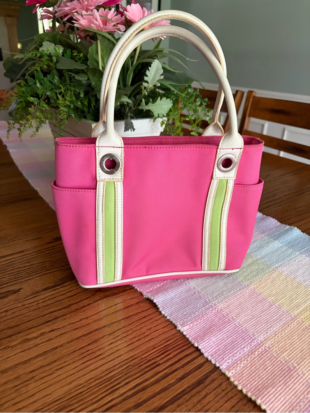 Vintage Pink Bucket Purse/Bag with Cream Handles and Lime Accent